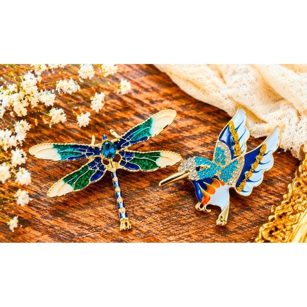 Gold Tone Hummingbird & Dragonfly Brooch Set –Blue Green Rhinestone Enamel Pins
